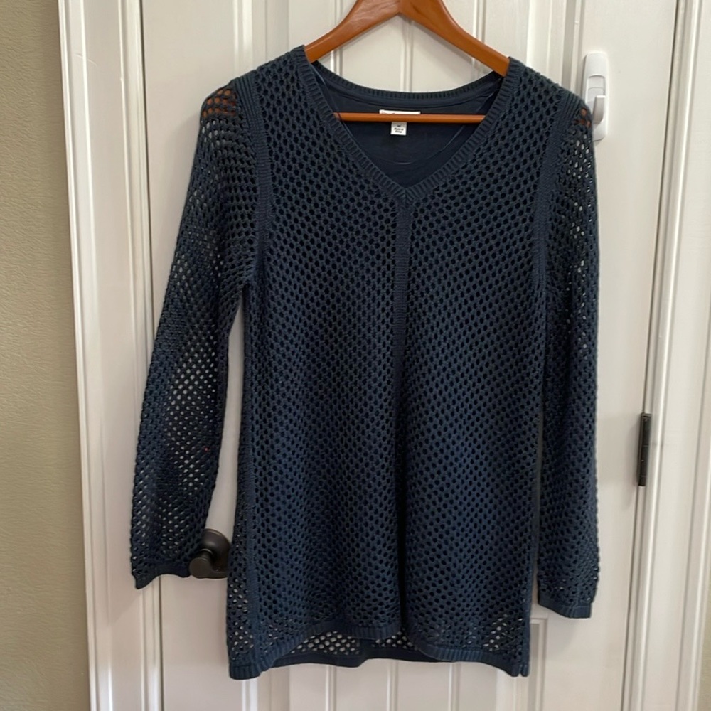 Croft & Barrow navy blue knit crochet tunic top. S
